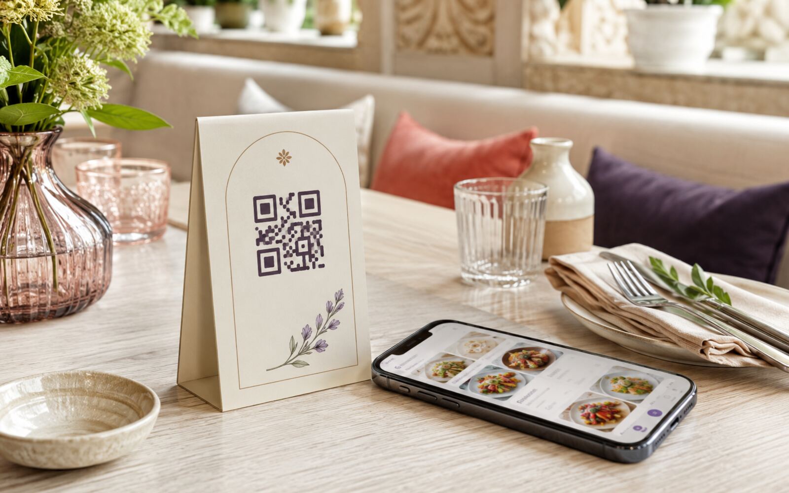 Une table de terrasse dressée, avec son petit support QR au centre.