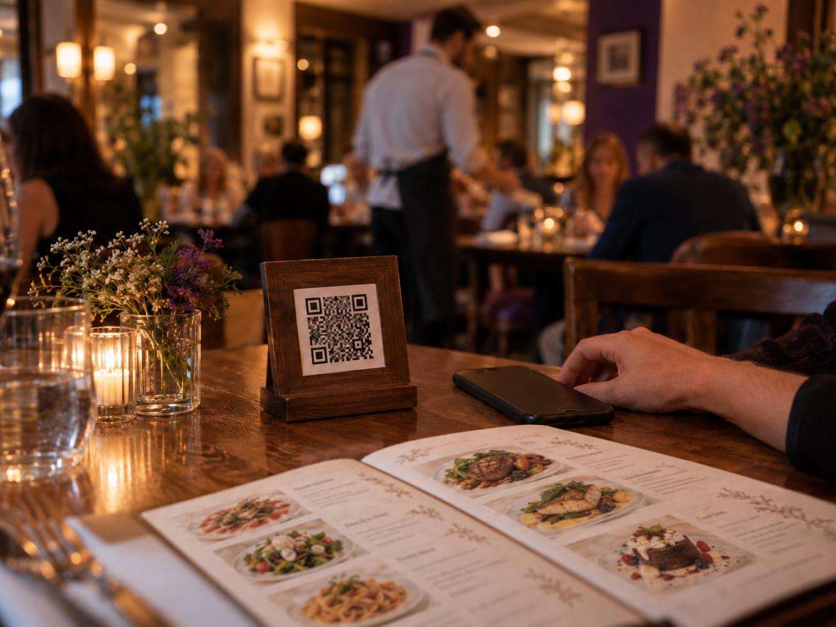 Une table de bistrot : un support QR, une carte ouverte, un téléphone posé.