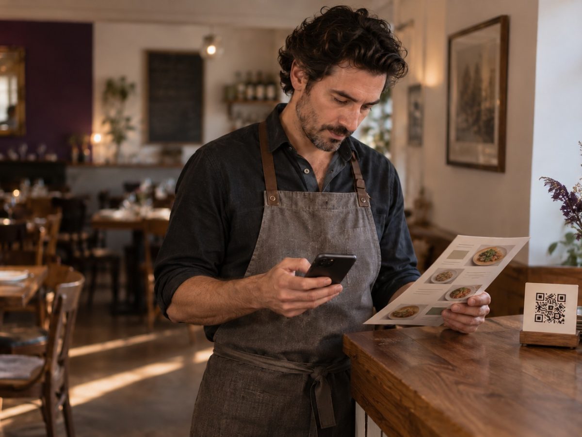 Un restaurateur compare sa carte papier et son téléphone, un QR posé sur le comptoir.