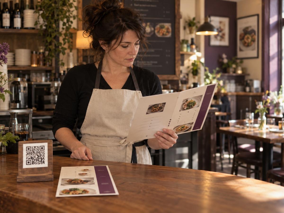 Un restaurateur met à jour une carte digitale sur une tablette.
