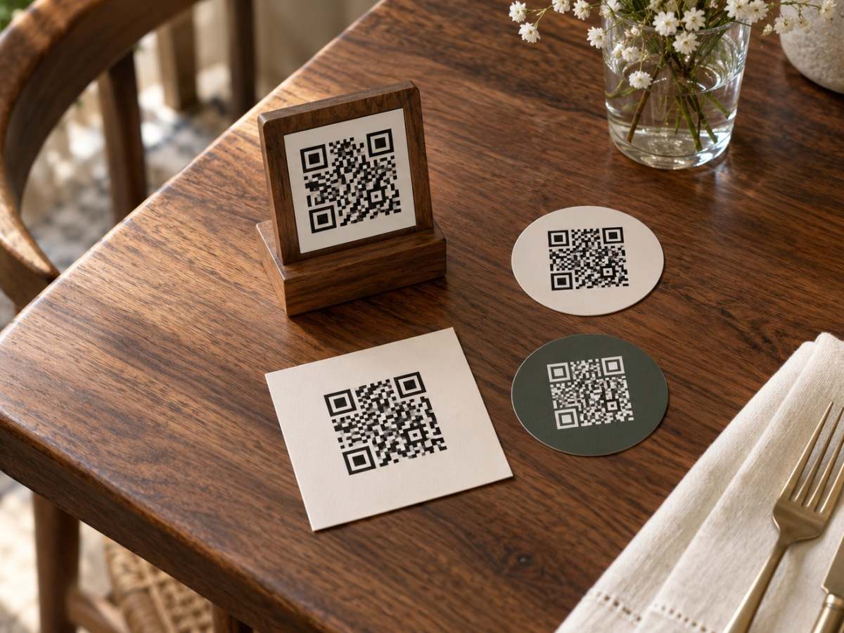 Des supports QR imprimés posés sur une table claire.