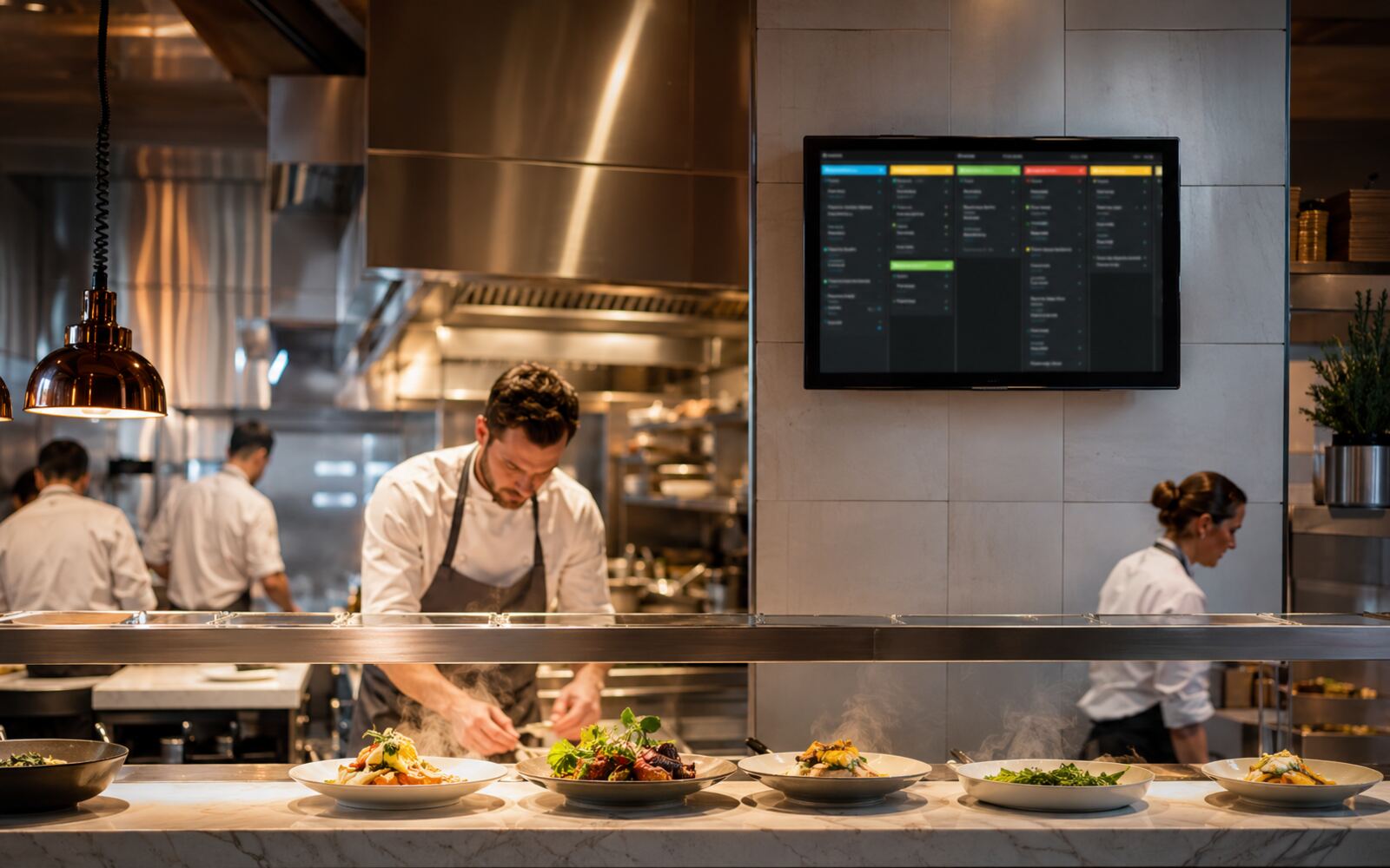 Une cuisine de restaurant avec un écran de commandes intégré au service.