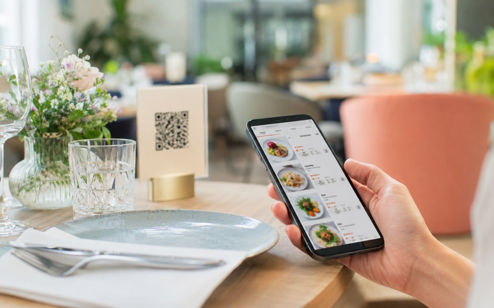 Une table de restaurant avec un QR code et une carte digitale affichée sur téléphone.