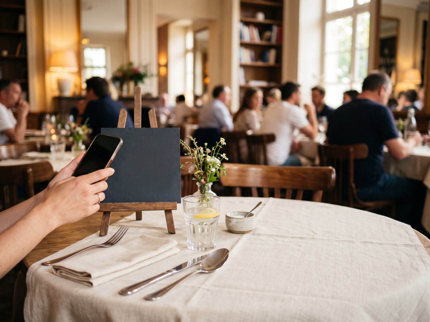 Une table dressée dans une salle lumineuse, un plat au premier plan.