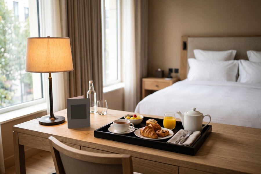 Le bureau d'une chambre d'hôtel, avec un carton QR posé près du plateau.