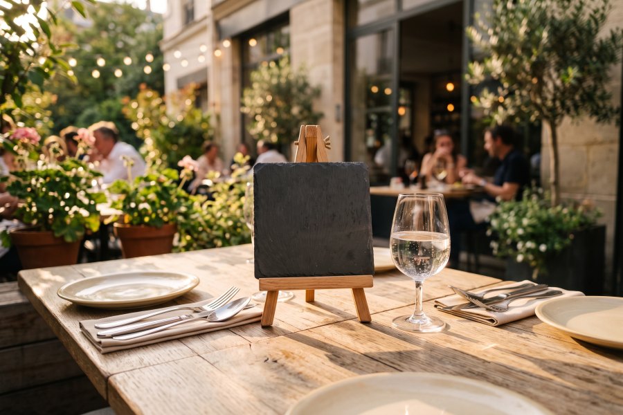 Une table de terrasse dressée, avec son petit support QR au centre.