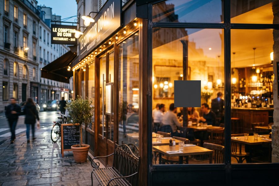 La devanture d'un restaurant, avec un autocollant QR collé sur la vitre.