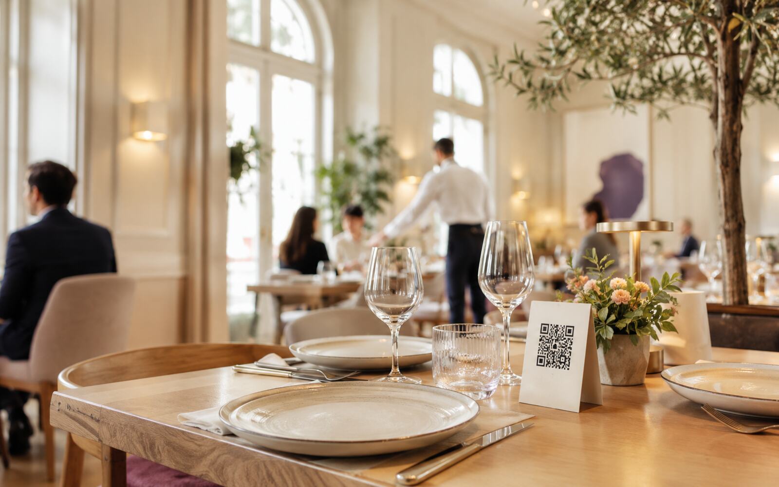 Une table de restaurant dressée, un téléphone tenu à la main devant le support QR posé sur la table.