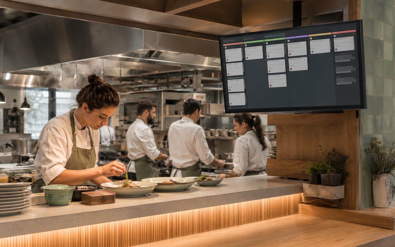 Le passe d'une cuisine pendant le service, avec l'écran des commandes en cours.