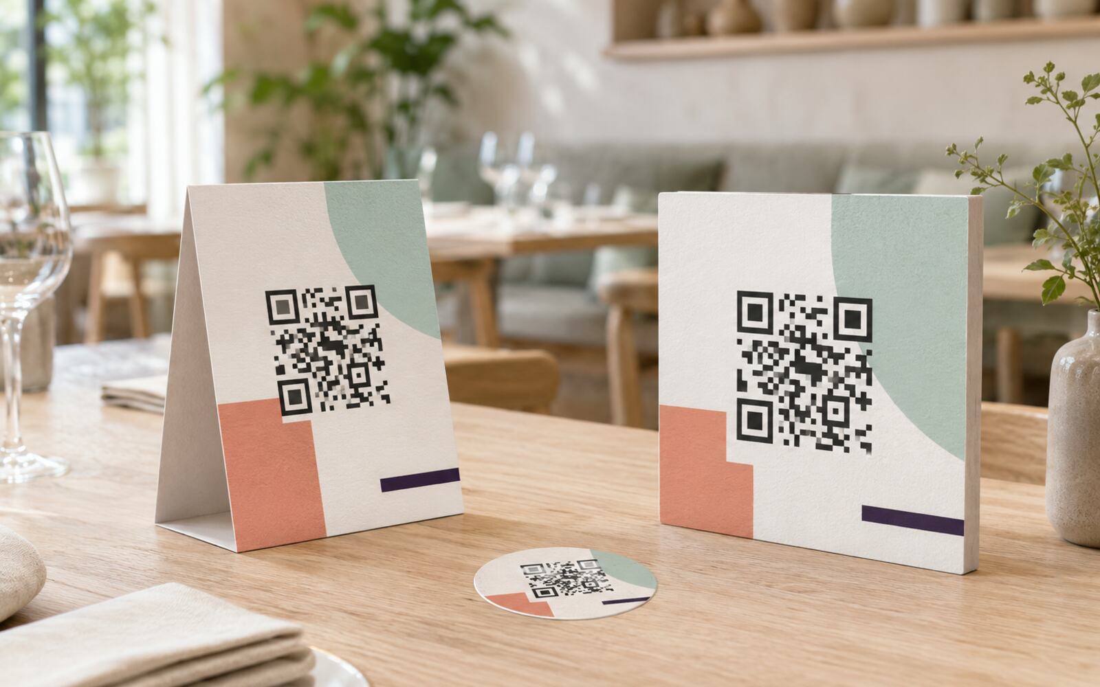 Des supports QR imprimés — chevalet et autocollants — posés sur une table de restaurant.