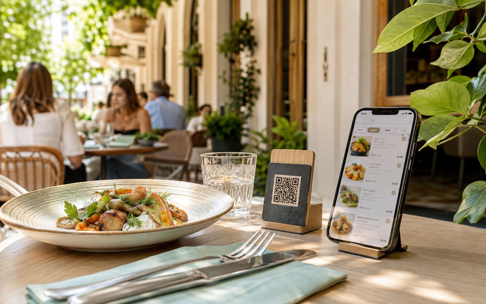 Une table de terrasse avec un support QR et une carte digitale ouverte sur un écran.