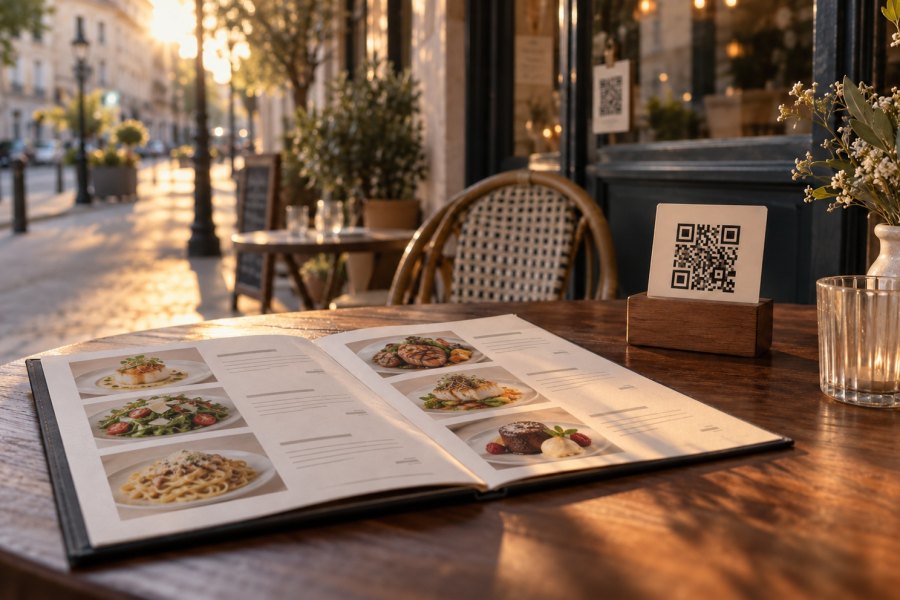 Une terrasse de bistrot : une carte ouverte sur la table, un support QR à côté.